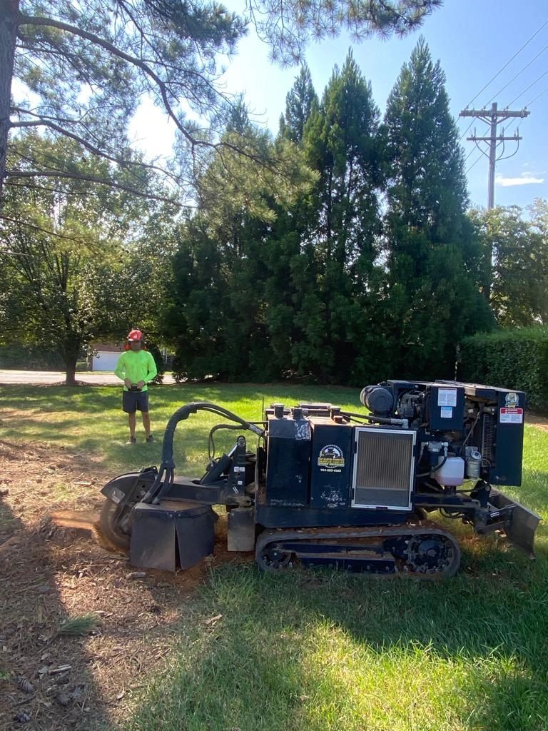 Worker with stump grinder in residential yard